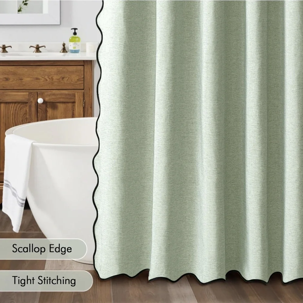 Sage Green Shower Curtain Linen with 12 Metal Hooks Black Scalloped Border